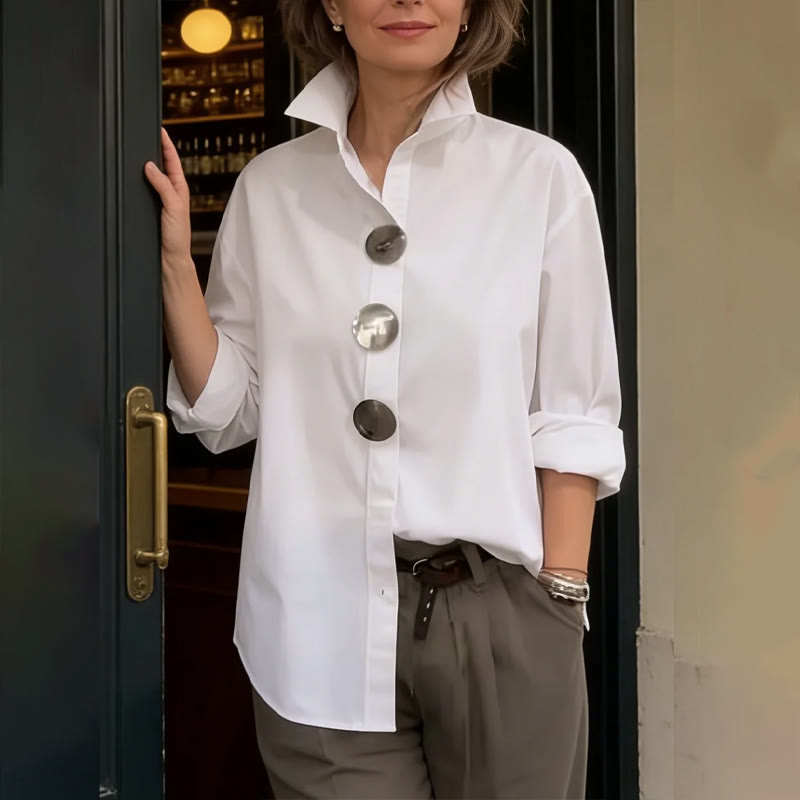 Elegant Solid Oversized Metal Buttons Long-sleeve Blouse - White - 3XL - image 2