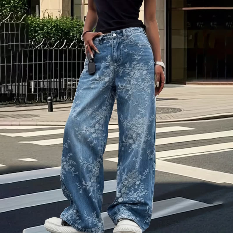 Cozy Lace Jacquard Texture  Wide-leg Jeans - Blue - 2XL - image 2