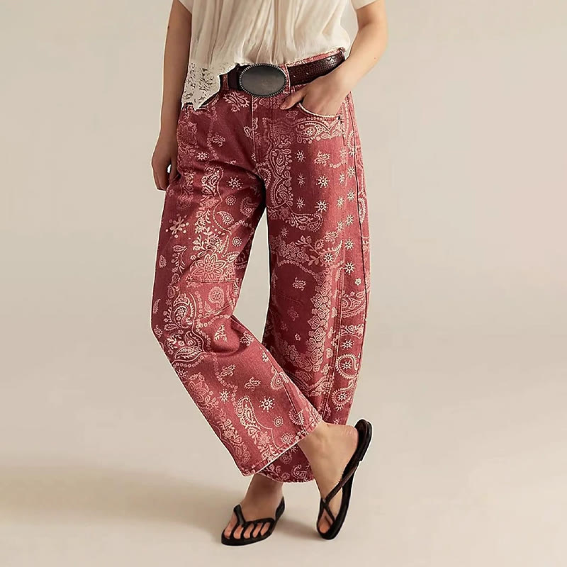 Boho Ethnic Paisley Print Jeans - Red - 2XL - image 1