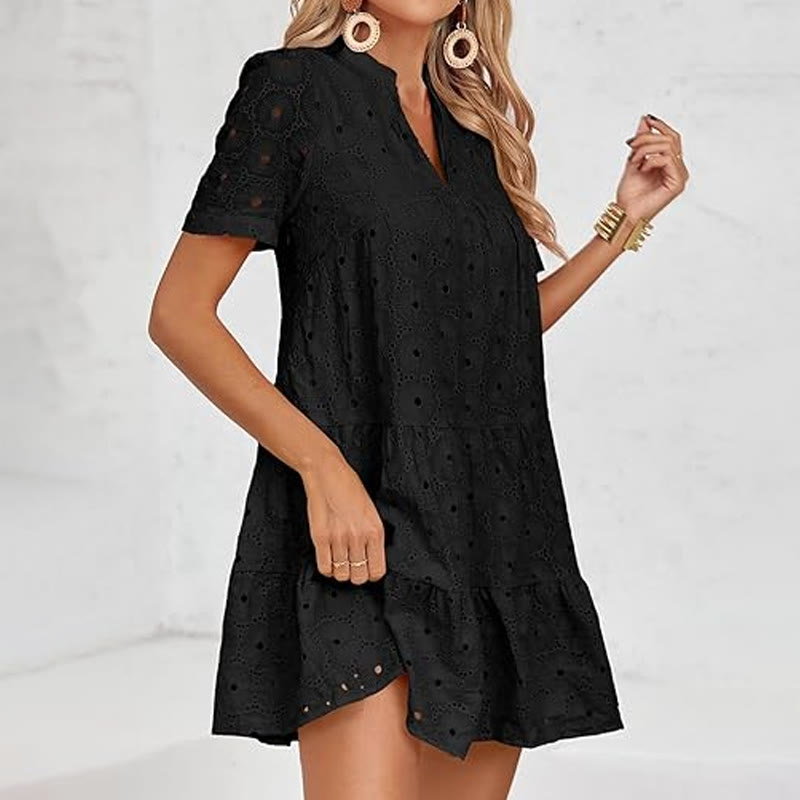 Elegant Openwork Lace Short-sleeve Babydoll Dress - Black - 2XL - image 4