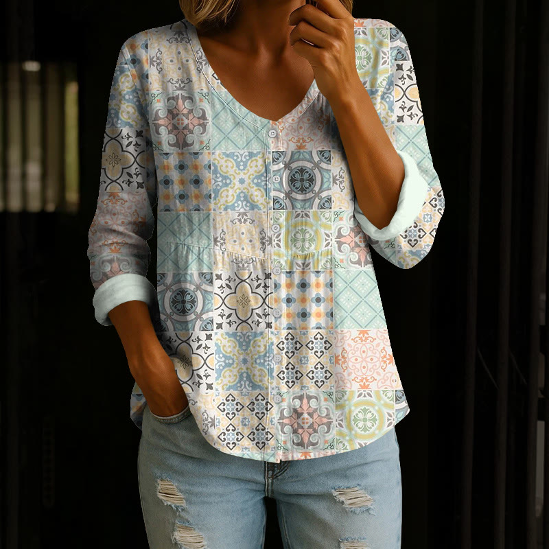 Boho Ethnic Beach Resort Pattern Print Button V-neck A-line Long Sleeve Blouse - Light Green - 4XL - image 1