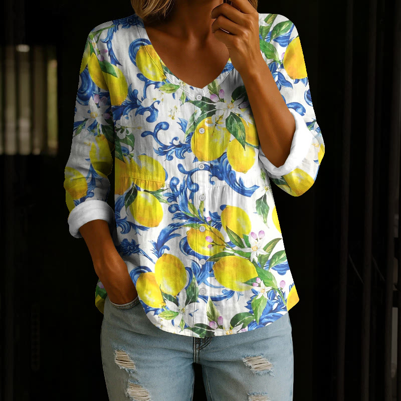 Summer Vacation Lemon & Scrollwork Pattern Print Button V-neck A-line Long Sleeve Blouse - White - 4XL - image 1