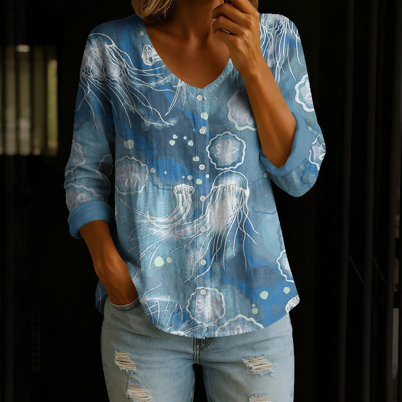 Ocean Watercolor Free Jellyfish Pattern Print Button V-neck A-line Long Sleeve Blouse - Blue - 4XL - image 1