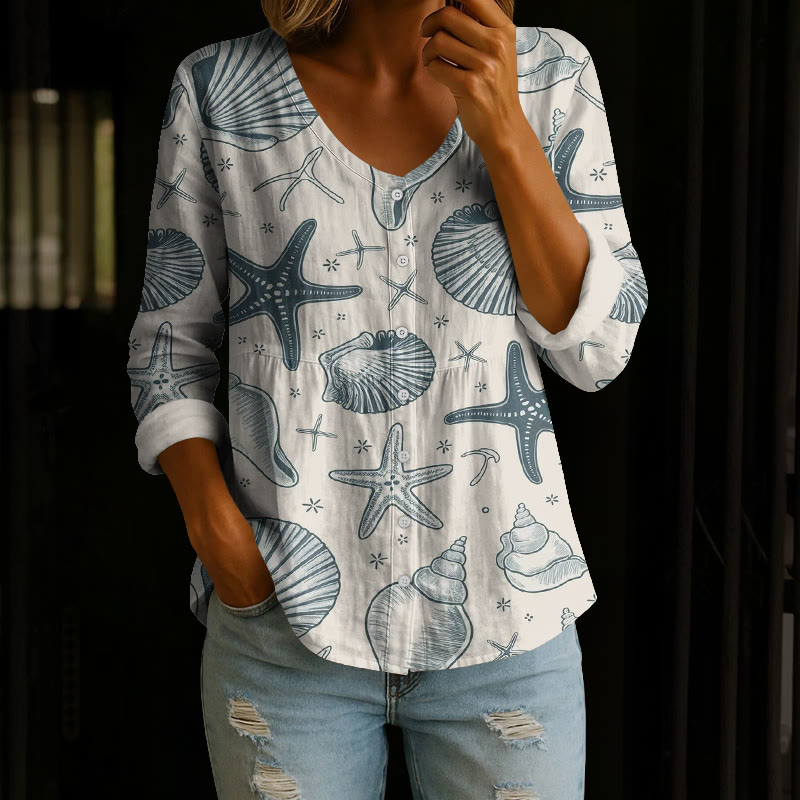 Ocean Starfish And Seashell Sketch Art Pattern Print Button V-neck A-line Long Sleeve Blouse - Apricot - 4XL - image 1