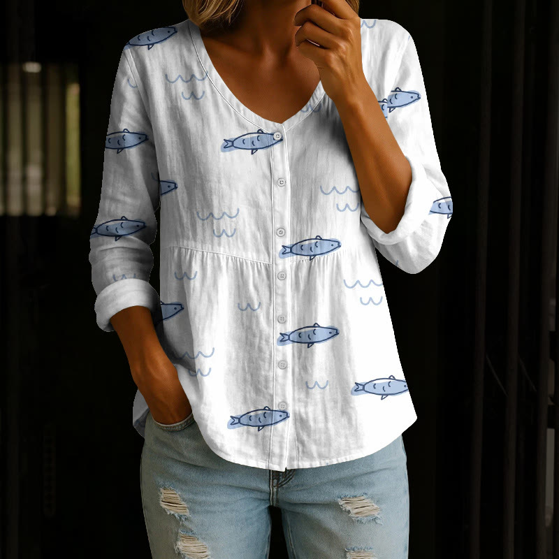 Ocean Cute Stick-figure Fish Art Pattern Print Button V-neck A-line Long Sleeve Blouse - White - 4XL - image 1