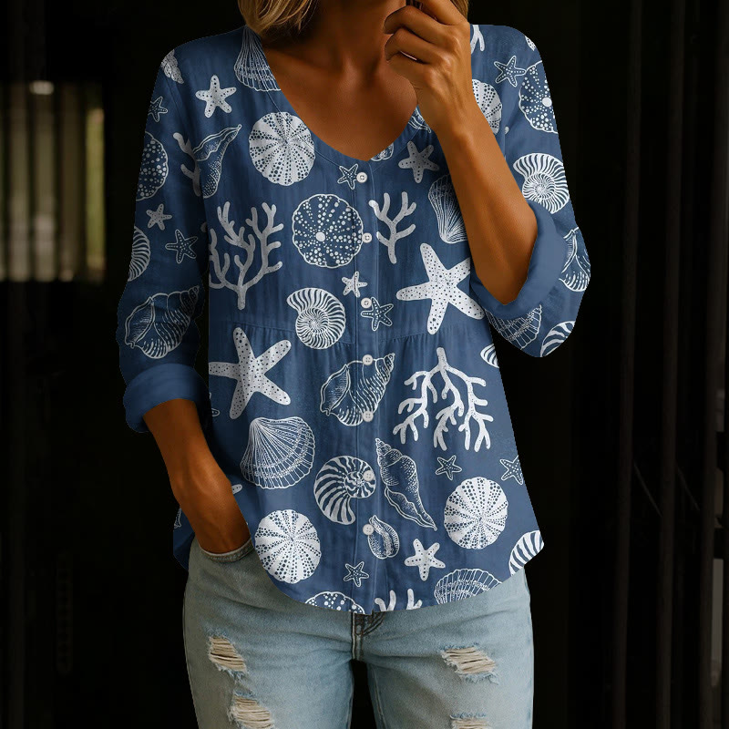 Marine Coral Conch Art Pattern Print Button V-neck A-line Long Sleeve Blouse - Blue - 4XL - image 1