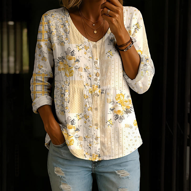 Pastoral Floral Patchwork Pattern Print Button V-neck A-line Long Sleeve Blouse - Orange - 4XL - image 1