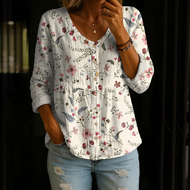 Vintage Wildflower Garden Pattern Print Button V-neck A-line Long Sleeve Blouse - Apricot - 4XL - image 1