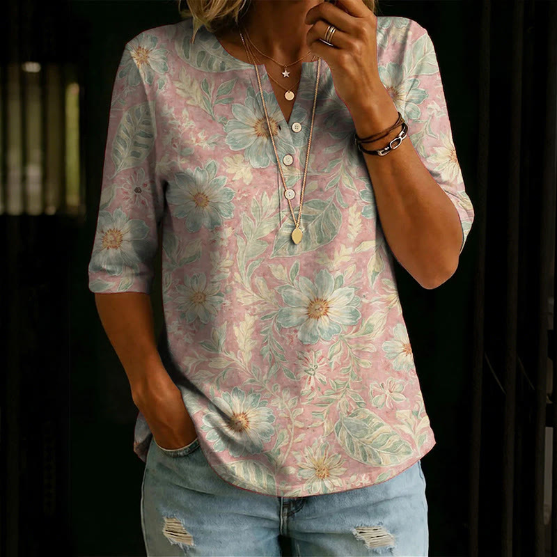 Retro Floral Pattern Print Henley-collar Mid-sleeve T-shirt - Pink - 3XL - image 1