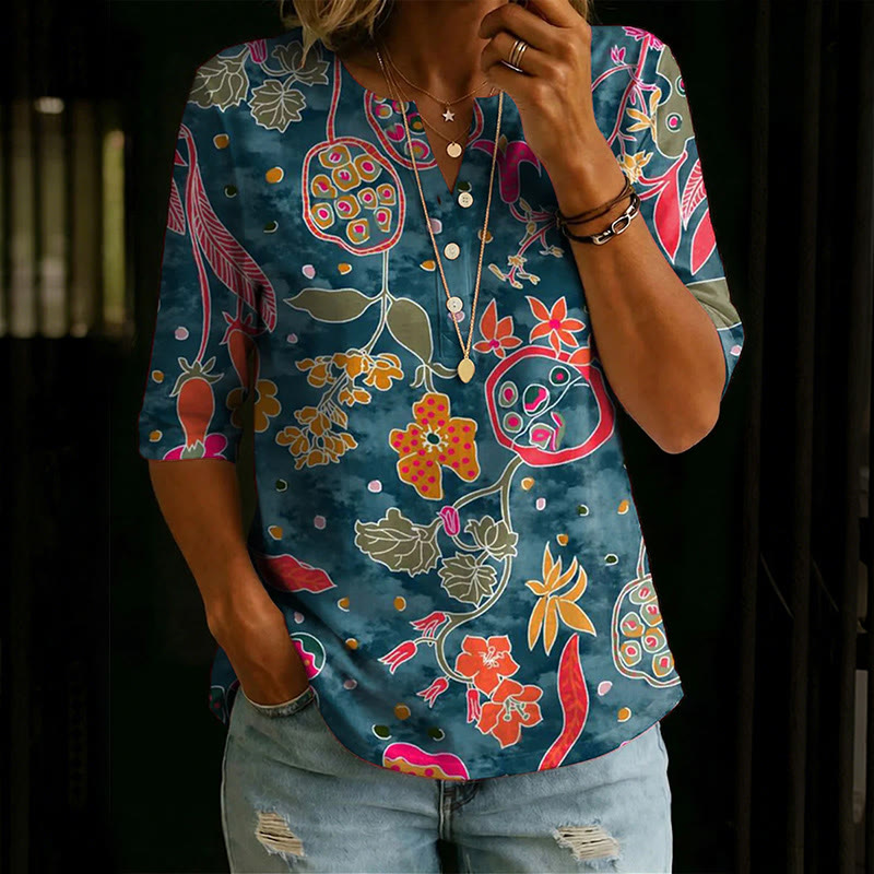 Stylish Floral Pattern Print Henley-collar Mid-sleeve T-shirt - Blue - 3XL - image 1