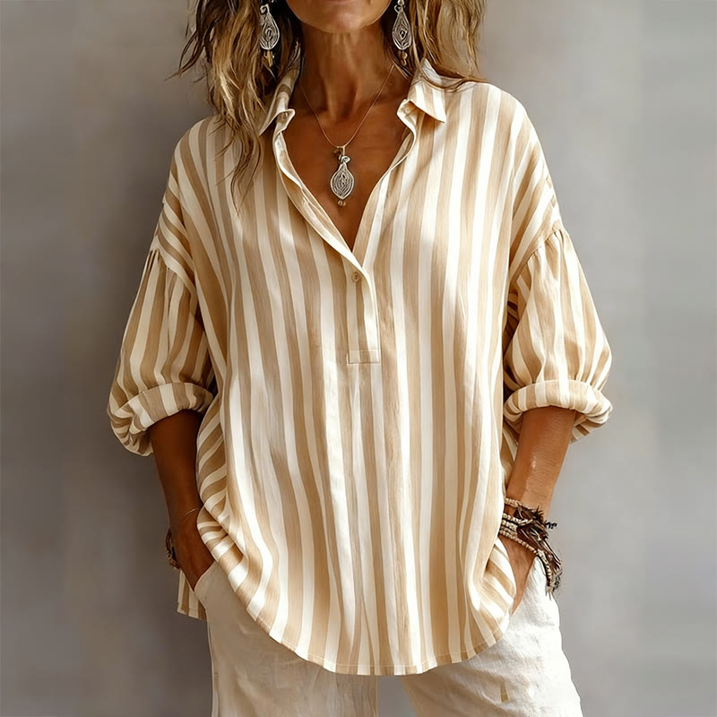 Women's Loose-fit Casual Striped Long-sleeve Shirt - Khaki - 3XL - image 2