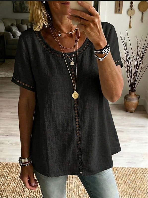 Women's Casual Round Neck Short-sleeve Blouse - Black - 3XL - image 1