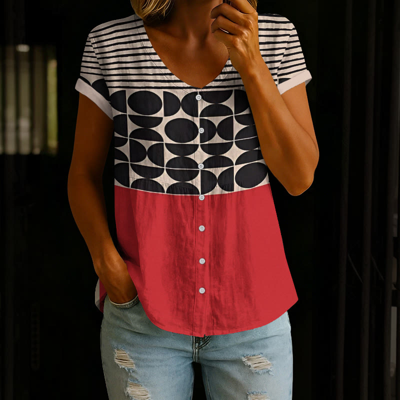 Minimalist Striped Color Blocks Pattern Print Button V-Neck A-line Short-Sleeve Blouse - Red - 4XL - image 2