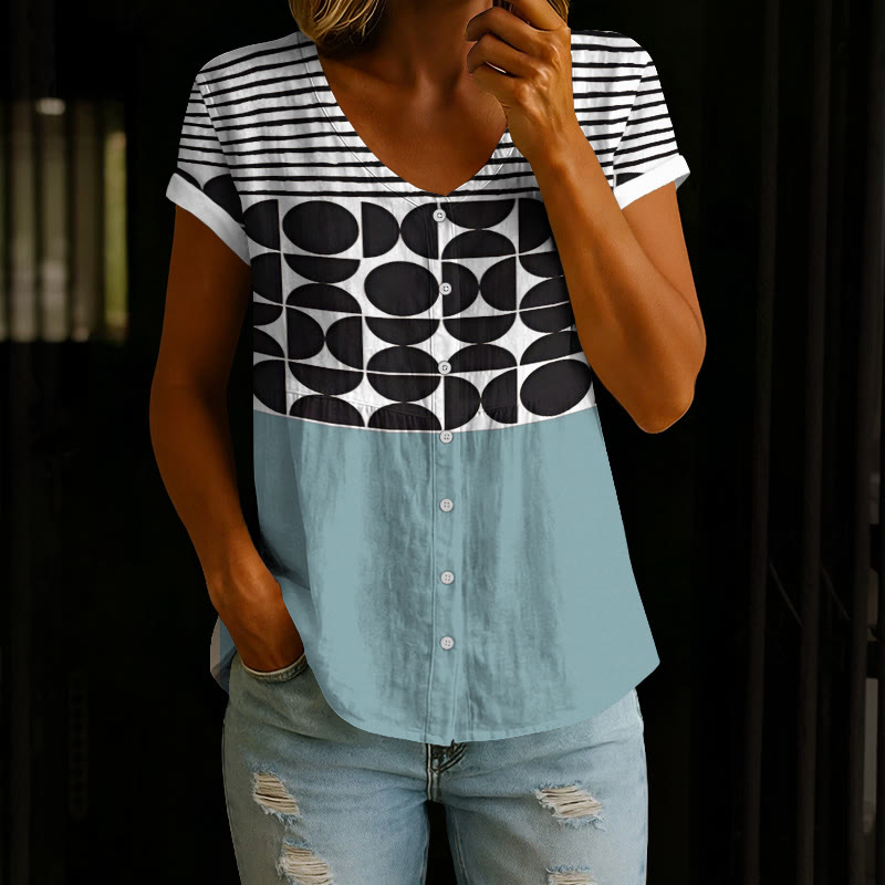 Minimalist Striped Color Blocks Pattern Print Button V-Neck A-line Short-Sleeve Blouse - Lake Blue - 4XL - image 1