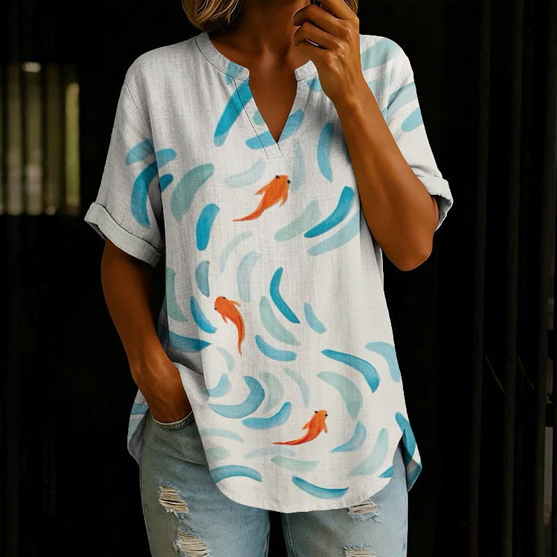 Japanese-style Watercolor Goldfish Print Short Sleeve Casual Blouse - Apricot - 5XL - image 1