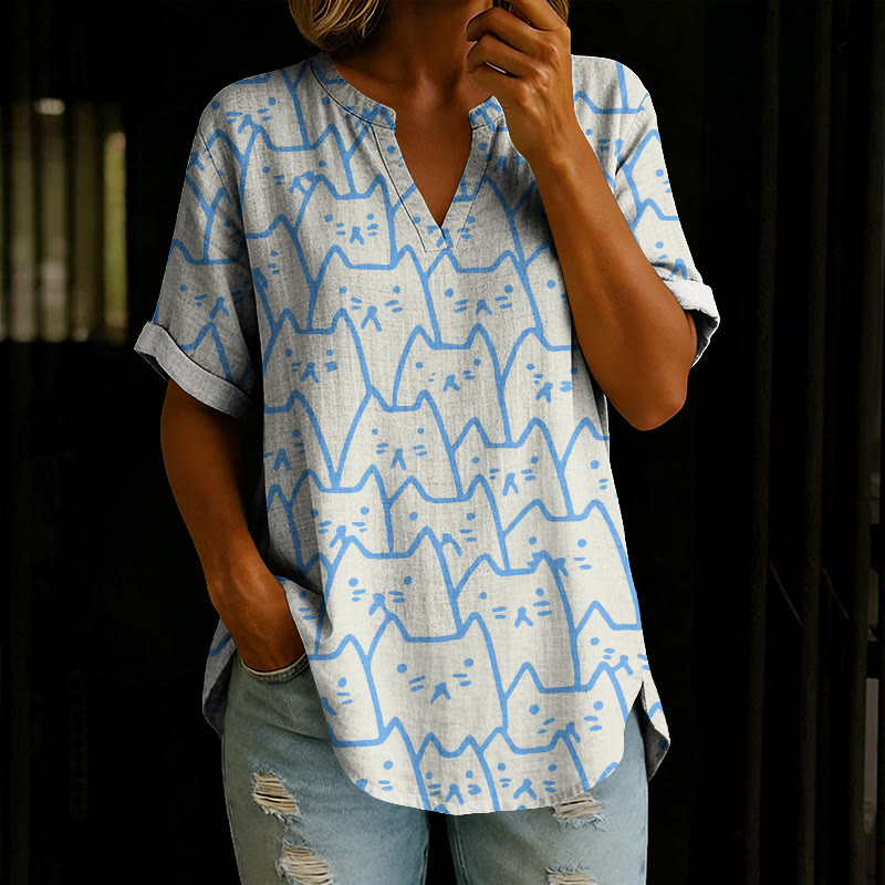Simple Line-art Cute Kitten Art Print Short Sleeve Casual Blouse - Light Blue - 5XL - image 2