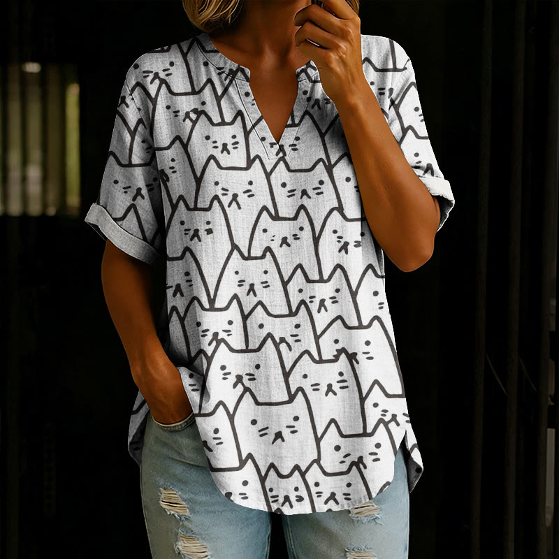 Simple Line-art Cute Kitten Art Print Short Sleeve Casual Blouse - Black - 5XL - image 1