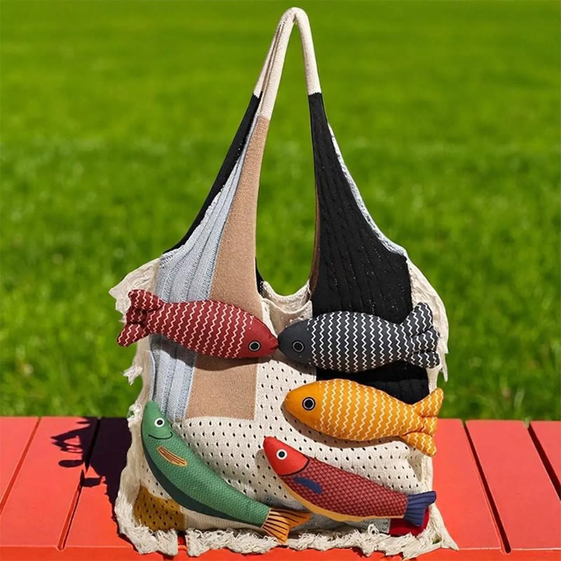 Boho Fish Charm Crochet Patchwork Knitted Beach Tote Bag - White - 34*2*36cm - image 2