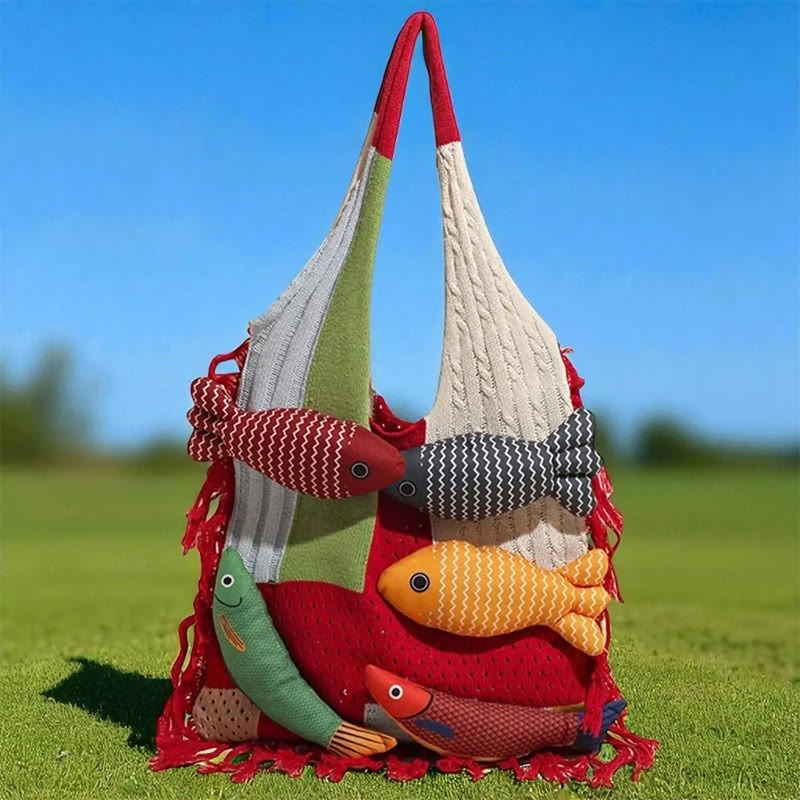 Boho Fish Charm Crochet Patchwork Knitted Beach Tote Bag - Red - 34*2*36cm - image 1