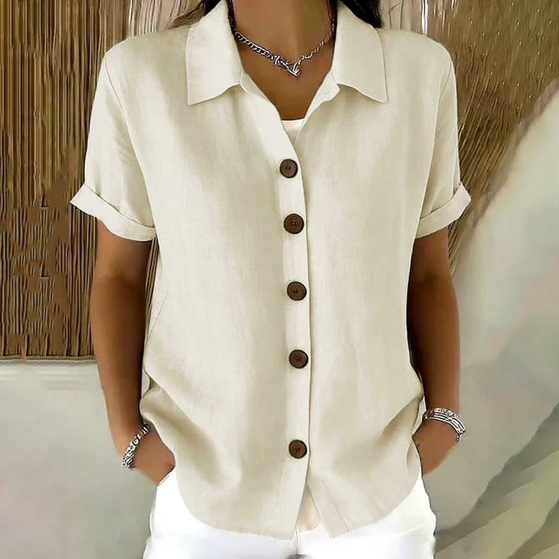 Elegant Solid Collared Button-up Short-sleeve Blouse - Apricot - 3XL - image 2