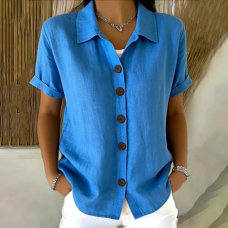 Elegant Solid Collared Button-up Short-sleeve Blouse - Blue - 3XL - image 1