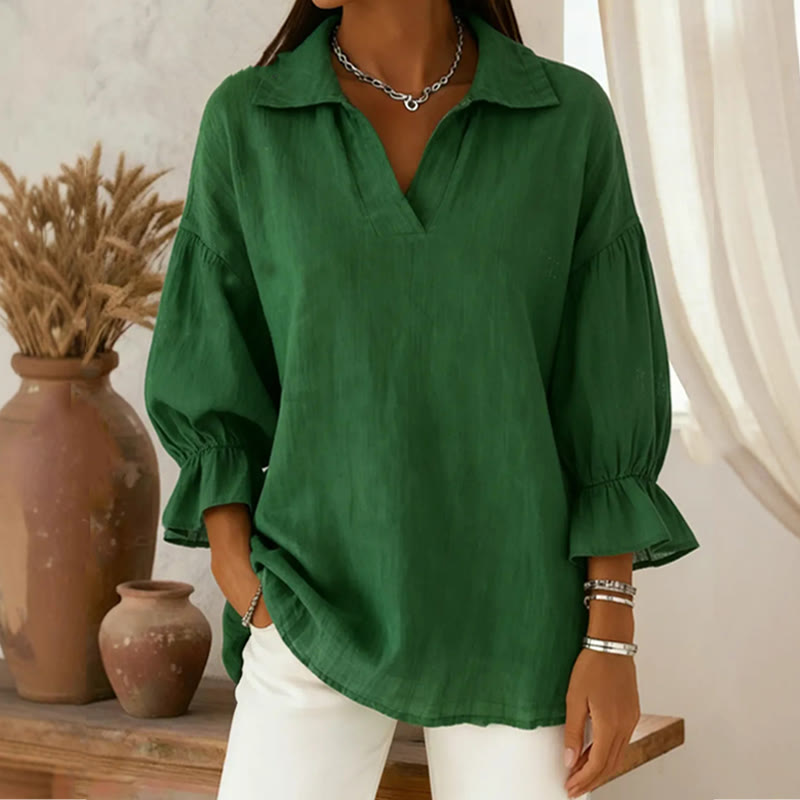Elegant Solid Lapel 3/4 Lantern Sleeves Blouse - Green - 3XL - image 2