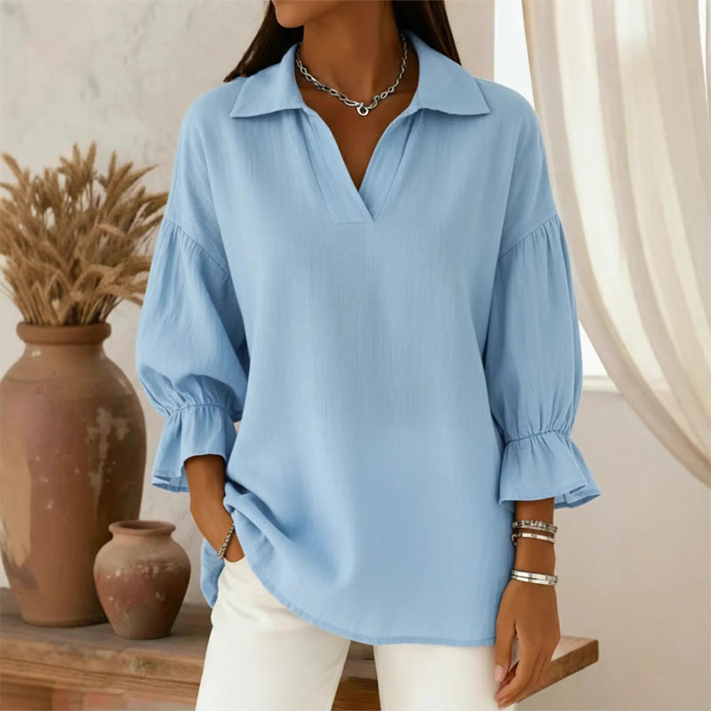 Elegant Solid Lapel 3/4 Lantern Sleeves Blouse - Light Blue - 3XL - image 1