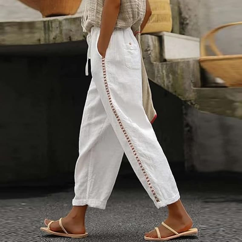 Solid Elastic Waist With Drawstring Side Cutout Lace Splicing Cropped Pants - White - 4XL - image 1