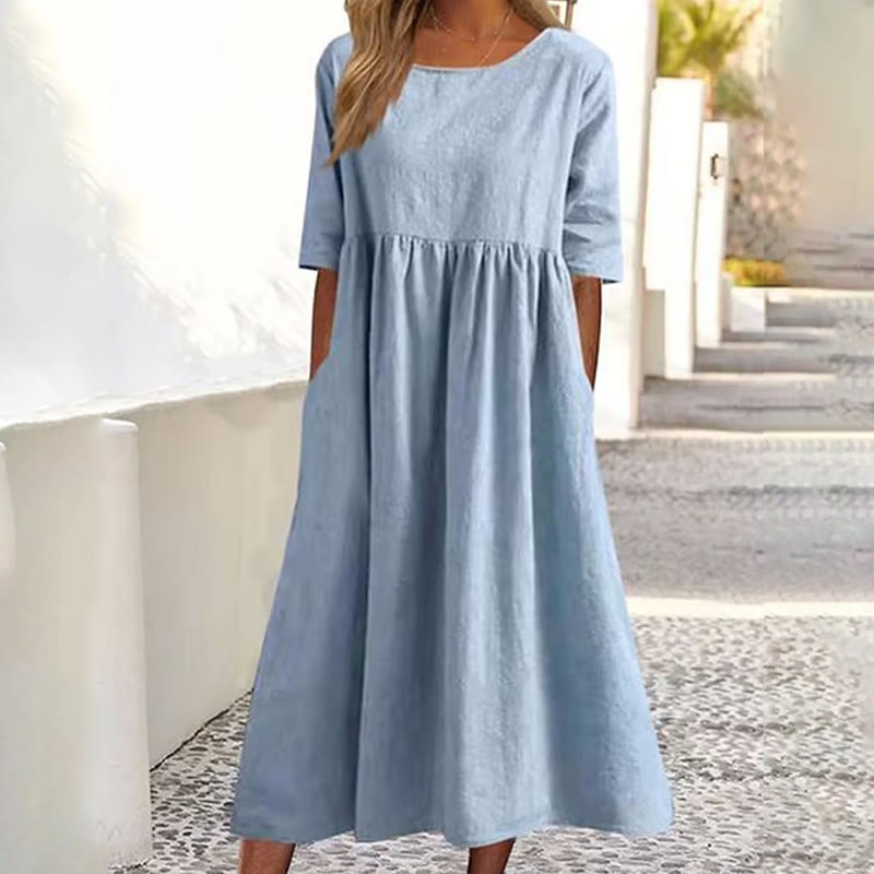 Elegant Solid Round-neck Short-sleeve Midi Dress - Light Blue - 5XL - image 2