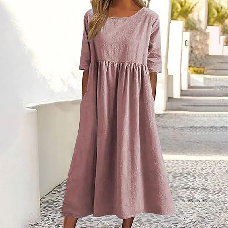 Elegant Solid Round-neck Short-sleeve Midi Dress - Pink - 5XL - image 1