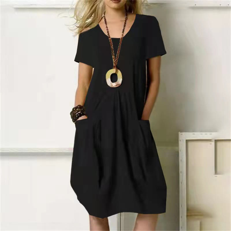 Beach Solid Crew Neck With Large Pockets Dress - Black - 5XL - image 2