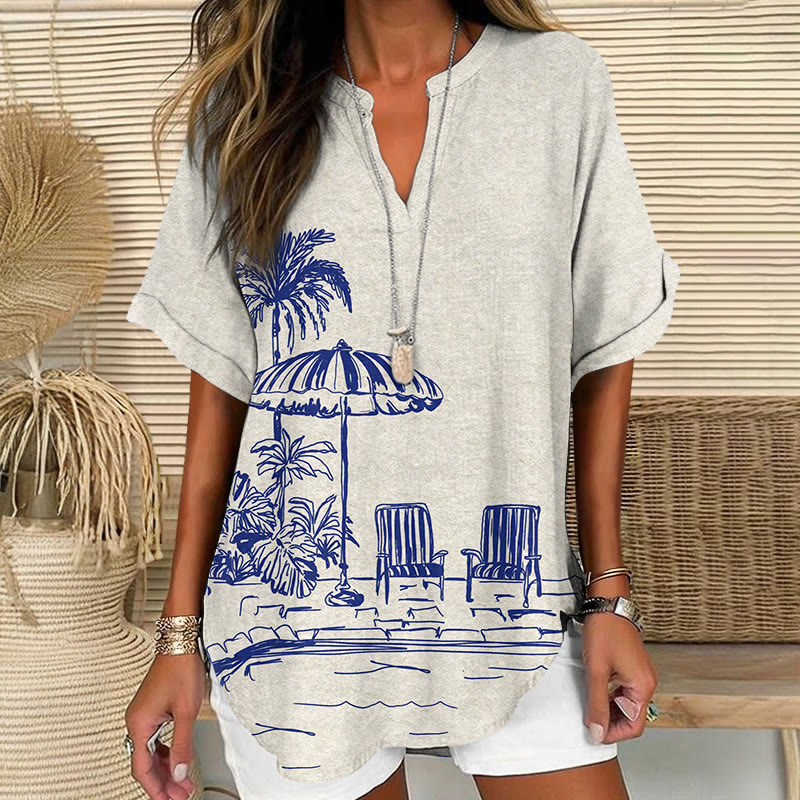 Beach Vacation Palm Tree Sketch Art Pattern Print Short Sleeve Casual Blouse - Blue - 5XL - image 1