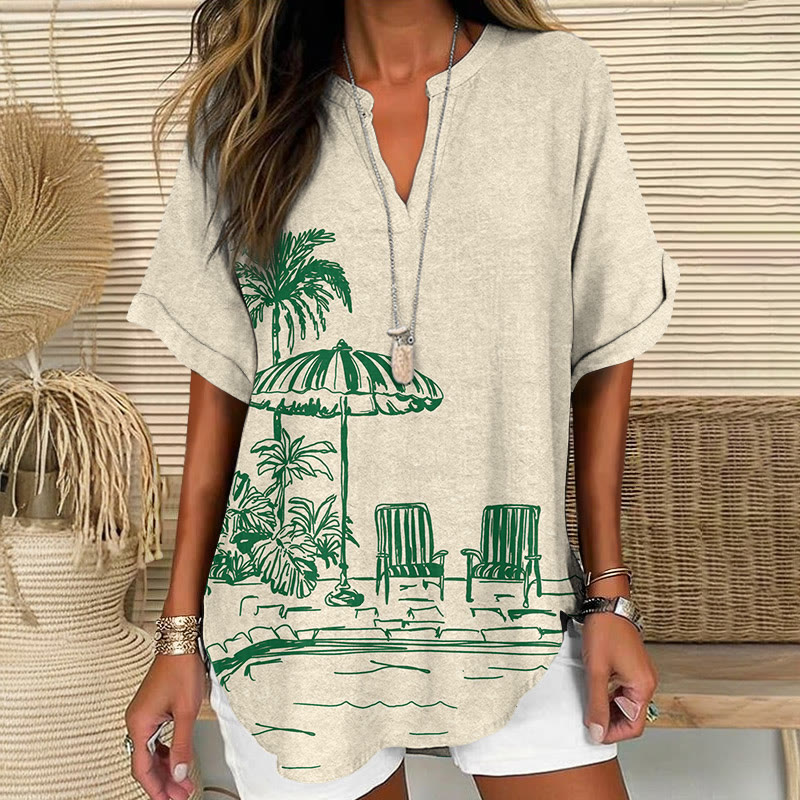 Beach Vacation Palm Tree Sketch Art Pattern Print Short Sleeve Casual Blouse - Green - 5XL - image 2