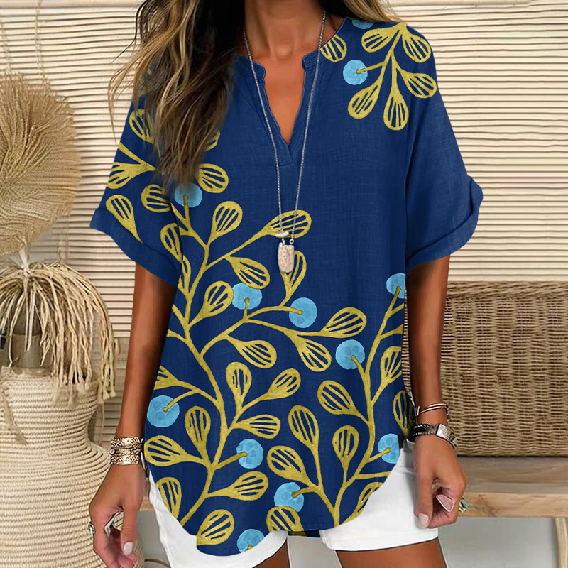 Japanese Watercolor Citrus Pattern Print Short Sleeve Casual Blouse - Navy Blue - 5XL - image 2