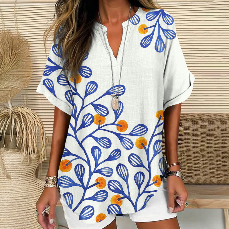 Japanese Watercolor Citrus Pattern Print Short Sleeve Casual Blouse - Blue - 5XL - image 1