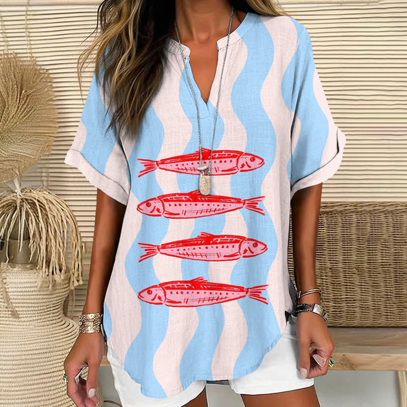 Tropical Vacation Watercolor Contrasting-color Fishes Pattern Print Short Sleeve Casual Blouse - Light Blue - 5XL - image 2