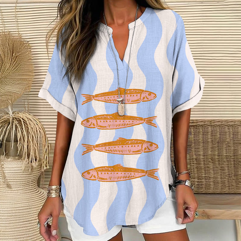 Tropical Vacation Watercolor Contrasting-color Fishes Pattern Print Short Sleeve Casual Blouse - Blue - 5XL - image 1