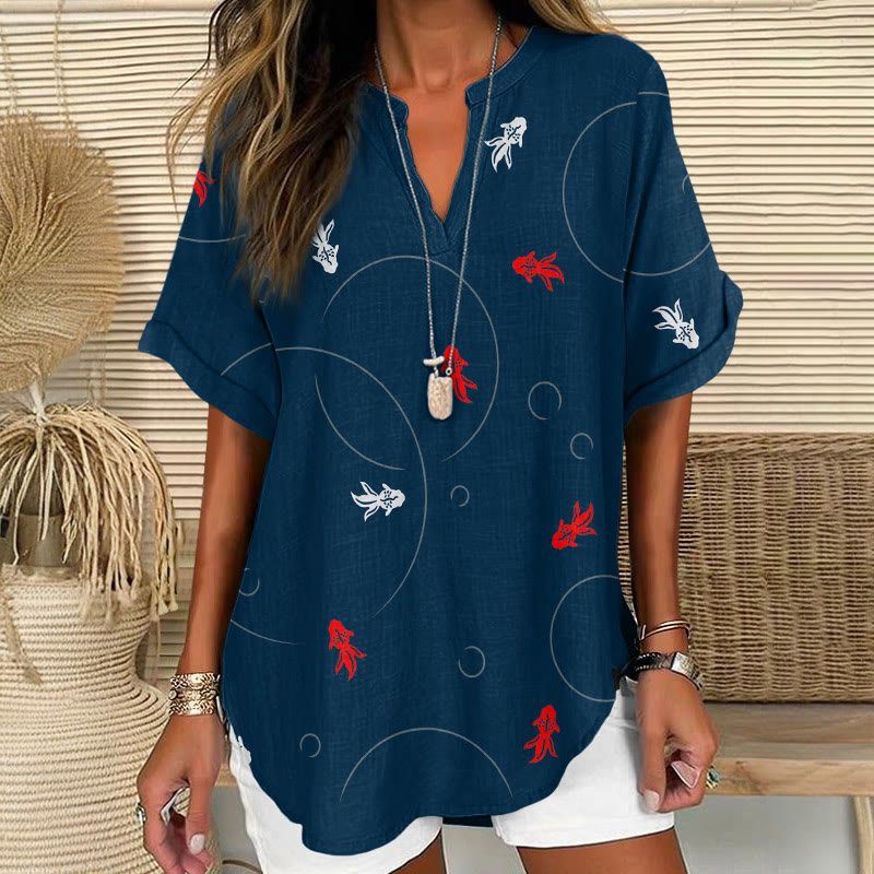  Japanese Summer Festival Goldfish Pattern Print Short Sleeve Casual Blouse - Navy Blue - 5XL - image 2