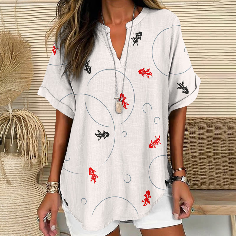  Japanese Summer Festival Goldfish Pattern Print Short Sleeve Casual Blouse - Apricot - 5XL - image 1