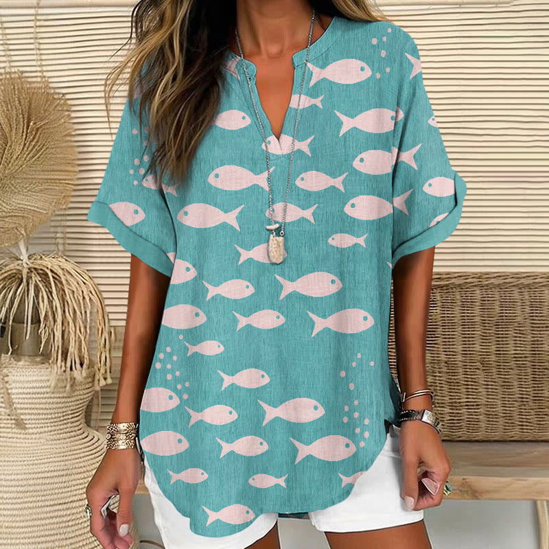 Minimalist Japanese Fishes Silhouette Pattern Print Short Sleeve Casual Blouse - Light Green - 5XL - image 2