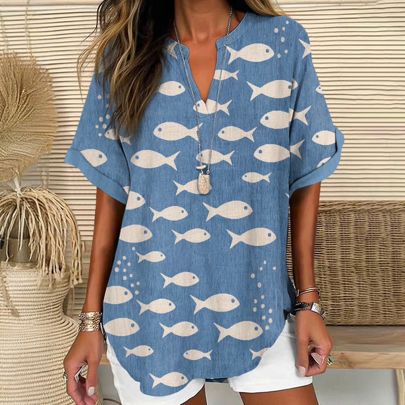 Minimalist Japanese Fishes Silhouette Pattern Print Short Sleeve Casual Blouse - Light Blue - 5XL - image 1