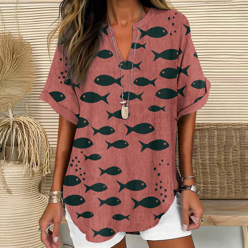 Minimalist Japanese Fishes Silhouette Pattern Print Short Sleeve Casual Blouse - Red - 5XL - image 3