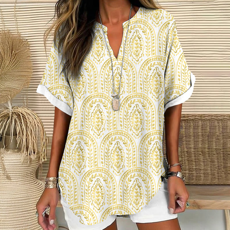 Mediterranean Vacation Watercolor Leaves Pattern Print Short Sleeve Casual Blouse - Yellow - 5XL - image 2