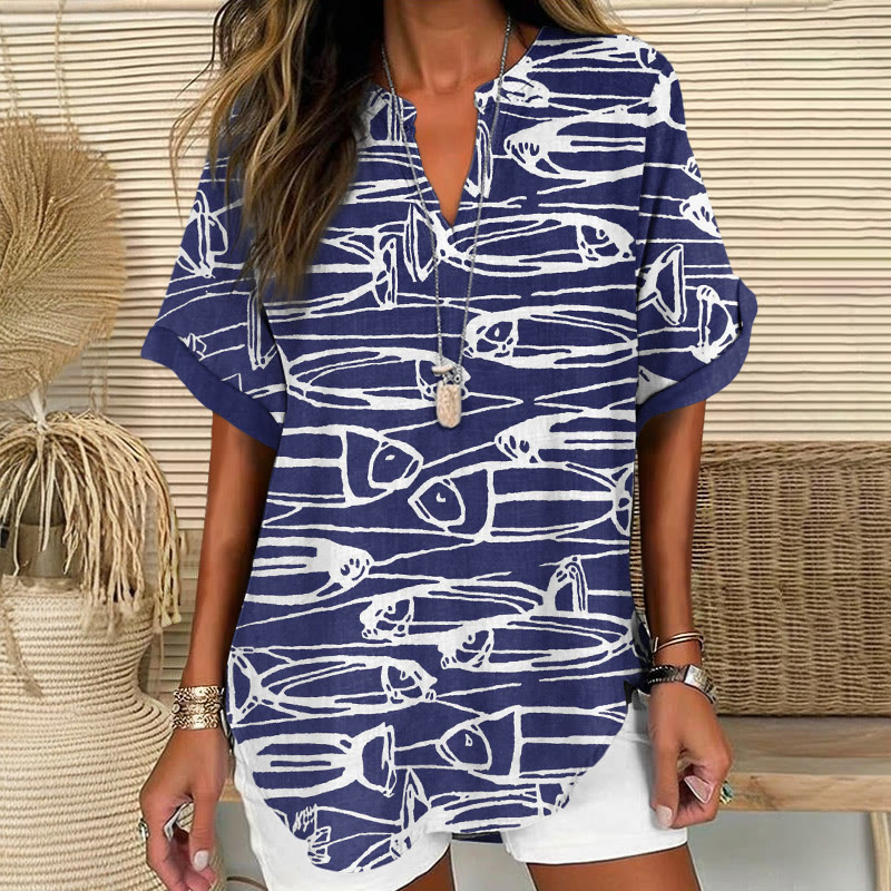 Japanese Woodblock Print Lines Fishes Pattern Print Short Sleeve Casual Blouse - Navy Blue - 5XL - image 1