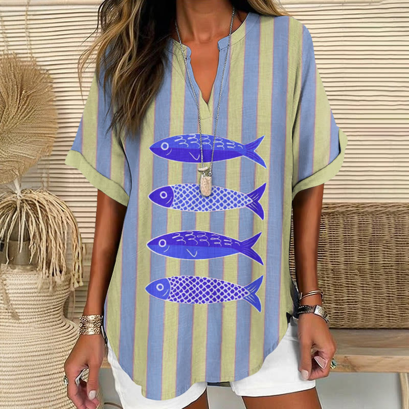 Beach Vacation Color-blocked Striped Fishes Pattern Print Short Sleeve Casual Blouse - Light Blue - 5XL - image 2
