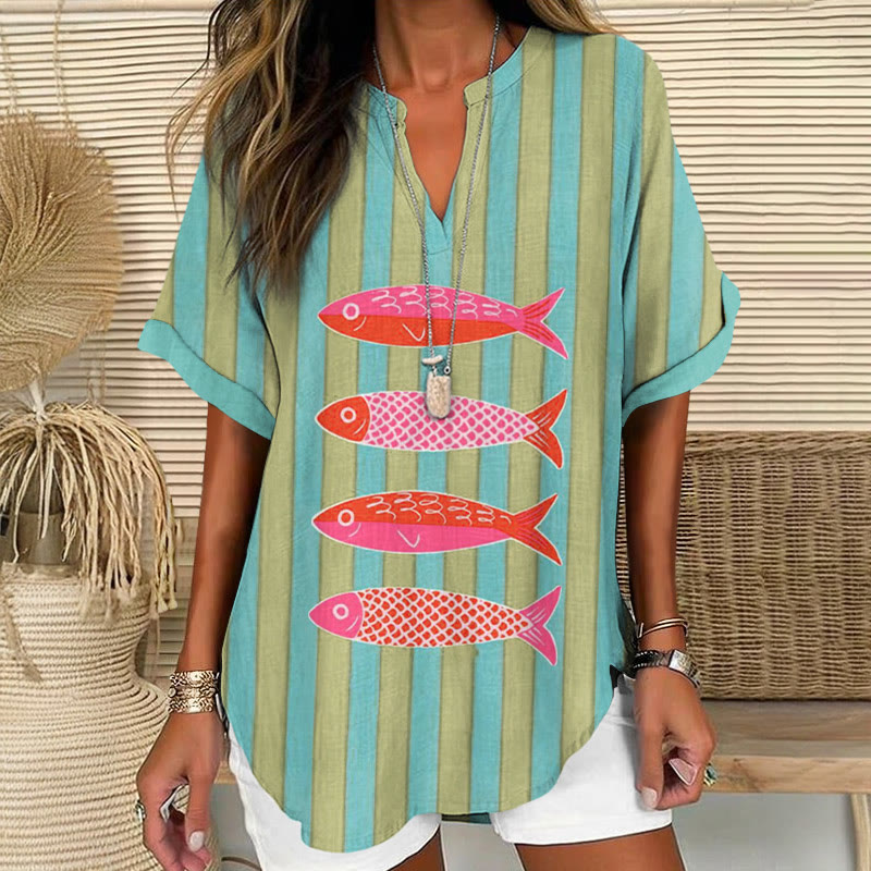 Beach Vacation Color-blocked Striped Fishes Pattern Print Short Sleeve Casual Blouse - Light Green - 5XL - image 1