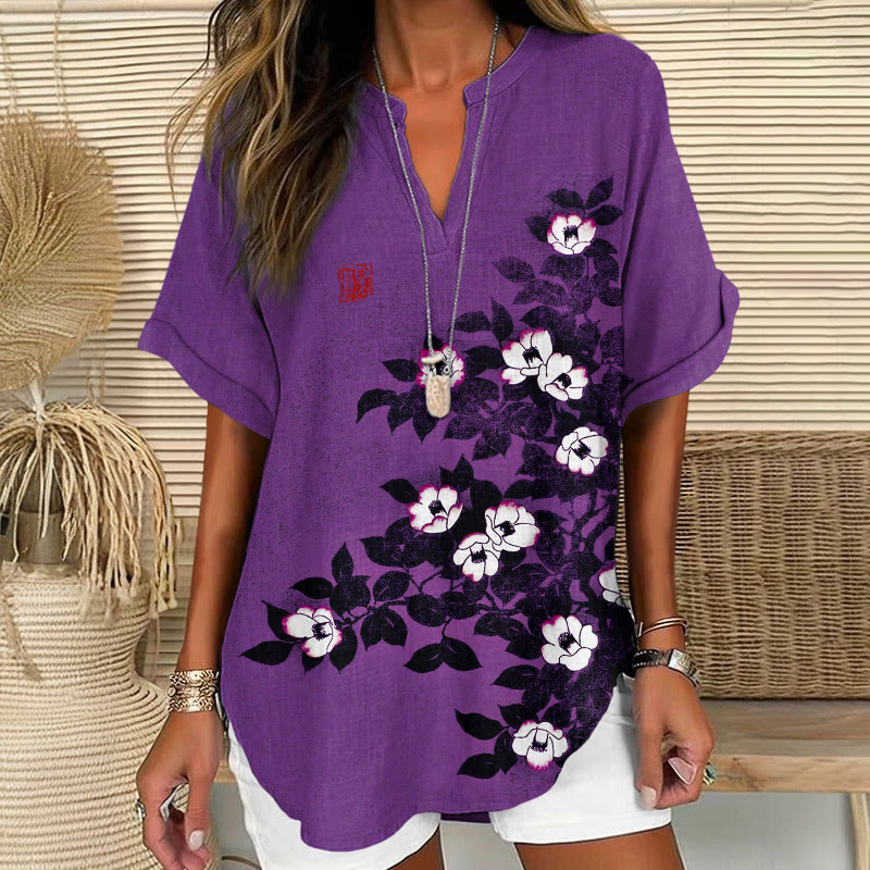 Vintage Japanese Woodblock Floral Pattern Print Short Sleeve Casual Blouse - Purple - 5XL - image 2