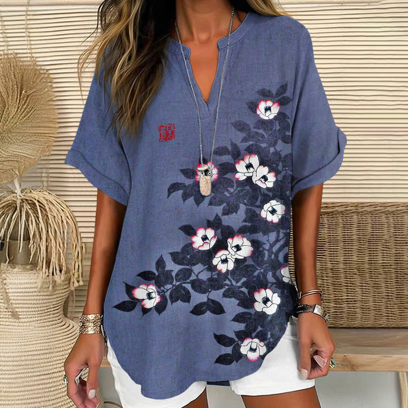 Vintage Japanese Woodblock Floral Pattern Print Short Sleeve Casual Blouse - Blue - 5XL - image 1