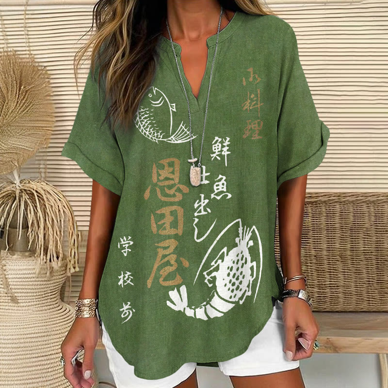 Vintage Japanese Lobster And Fish Pattern Print Short Sleeve Casual Blouse - Green - 5XL - image 2