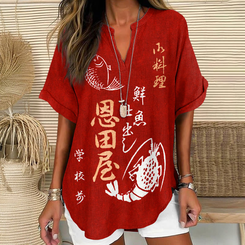 Vintage Japanese Lobster And Fish Pattern Print Short Sleeve Casual Blouse - Red - 5XL - image 1